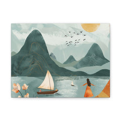 Serene Mountain Lake Canvas Art – Sailboat & Woman Wall Decor