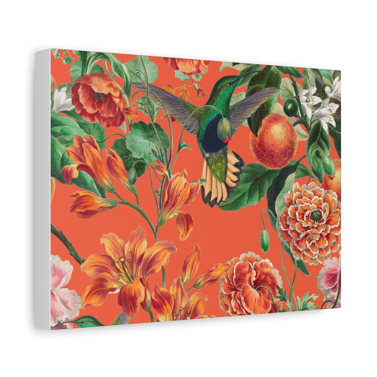 Hummingbird Floral Matte Canvas Wall Art — Vibrant Orange Botanical Print, Stretched 1.25"