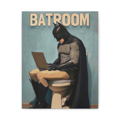Bathroom Canvas Wall Art – Humorous Superhero on Toilet Matte Stretched Print