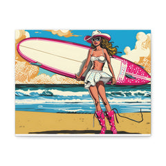 Vintage Pop Art Surf Girl Matte Canvas Wall Art — Beachy Surfboard Poster