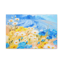 Daisy Meadow Canvas Print — Blue & Yellow Floral Wall Art (Stretched Matte)