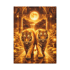 Golden Tiger Canvas Print — Twin Tigers Moonlit Wall Art (Matte Stretched)