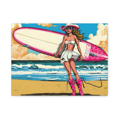 Vintage Pop Art Surf Girl Matte Canvas Wall Art — Beachy Surfboard Poster