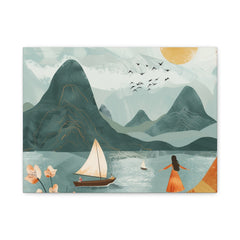 Serene Mountain Lake Canvas Art – Sailboat & Woman Wall Decor