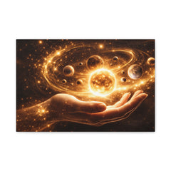Cosmic Hand Canvas Art — Golden Solar System Wall Decor, Matte Stretched 1.25"
