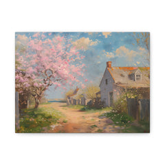 Spring Cottage Path Matte Canvas Wall Art — Cherry Blossom Landscape