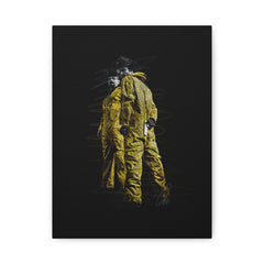 Canvas Wall Art — Double Figure in Yellow Hazmat Suits on Black Matte Stretched Canvas