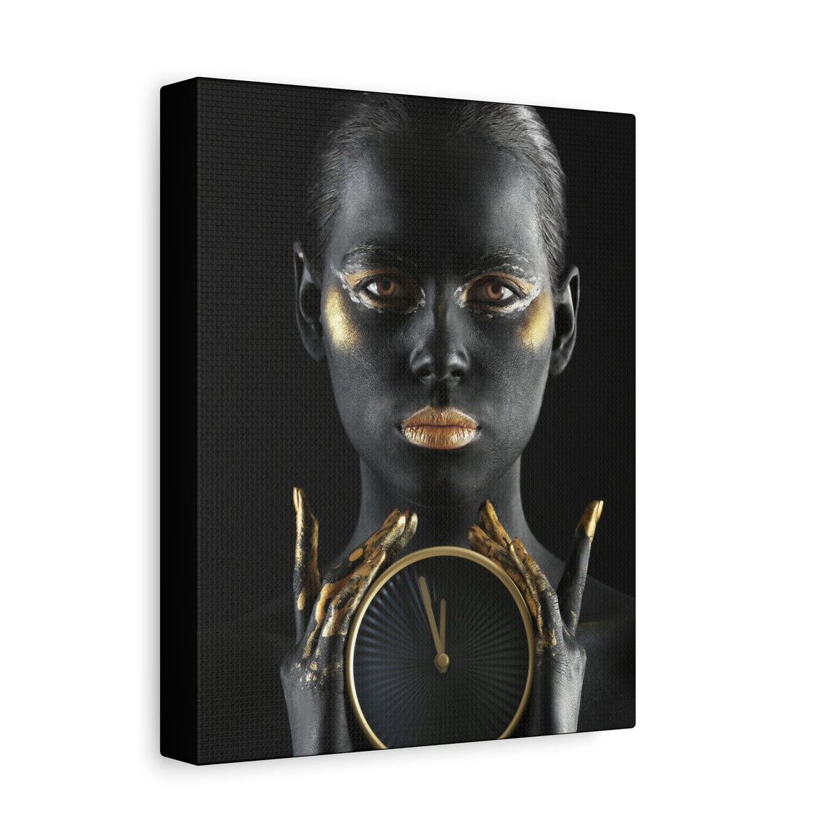 Black & Gold Portrait Canvas - Elegant Woman Holding Clock Wall Art