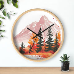 Autumn Mountain Wall Clock — Pink Peaks & Forest Scenic Home Decor