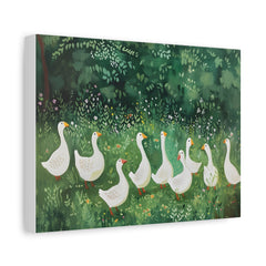 Canvas Wall Art - Whimsical White Geese in Green Meadow (Matte Stretched)