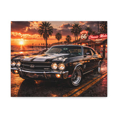 Classic Muscle Car Canvas Print — Route 66 Sunset Wall Art