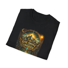Rise Above Conquer T-Shirt — Inspirational Mountain Fantasy Graphic Tee
