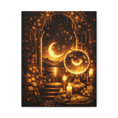 Mystic Moonlit Crystal Ball Canvas Art — Golden Tarot Altar Wall Decor