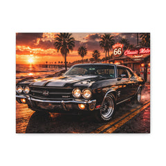 Classic Muscle Car Canvas Print — Route 66 Sunset Wall Art