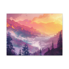 Sunset Mountain Valley Matte Canvas Print — Vibrant Forest Landscape Wall Art