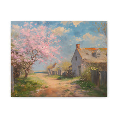 Spring Cottage Path Matte Canvas Wall Art — Cherry Blossom Landscape