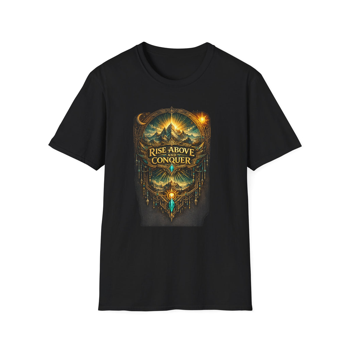 Rise Above Conquer T-Shirt — Inspirational Mountain Fantasy Graphic Tee