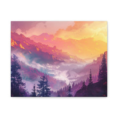 Sunset Mountain Valley Matte Canvas Print — Vibrant Forest Landscape Wall Art