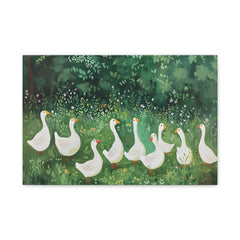 Canvas Wall Art - Whimsical White Geese in Green Meadow (Matte Stretched)