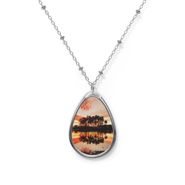 Sunset Lake Oval Pendant Necklace — Scenic Photo Teardrop Jewelry