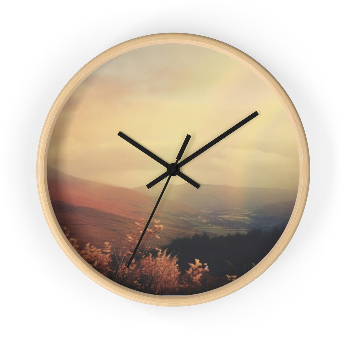 Scenic Sunrise Wall Clock — Rustic Meadow Landscape Timepiece