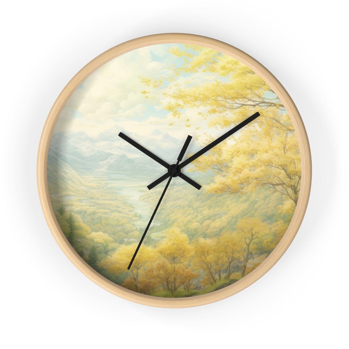 Scenic Autumn Landscape Wall Clock — Tranquil Mountain Forest Timepiece
