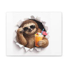 Sloth With Tropical Drink Matte Canvas Wall Art