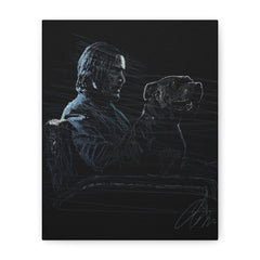 Keanu Reeves with Dog Matte Canvas Art — Moody Black Sketch Portrait, Stretched Wall Decor