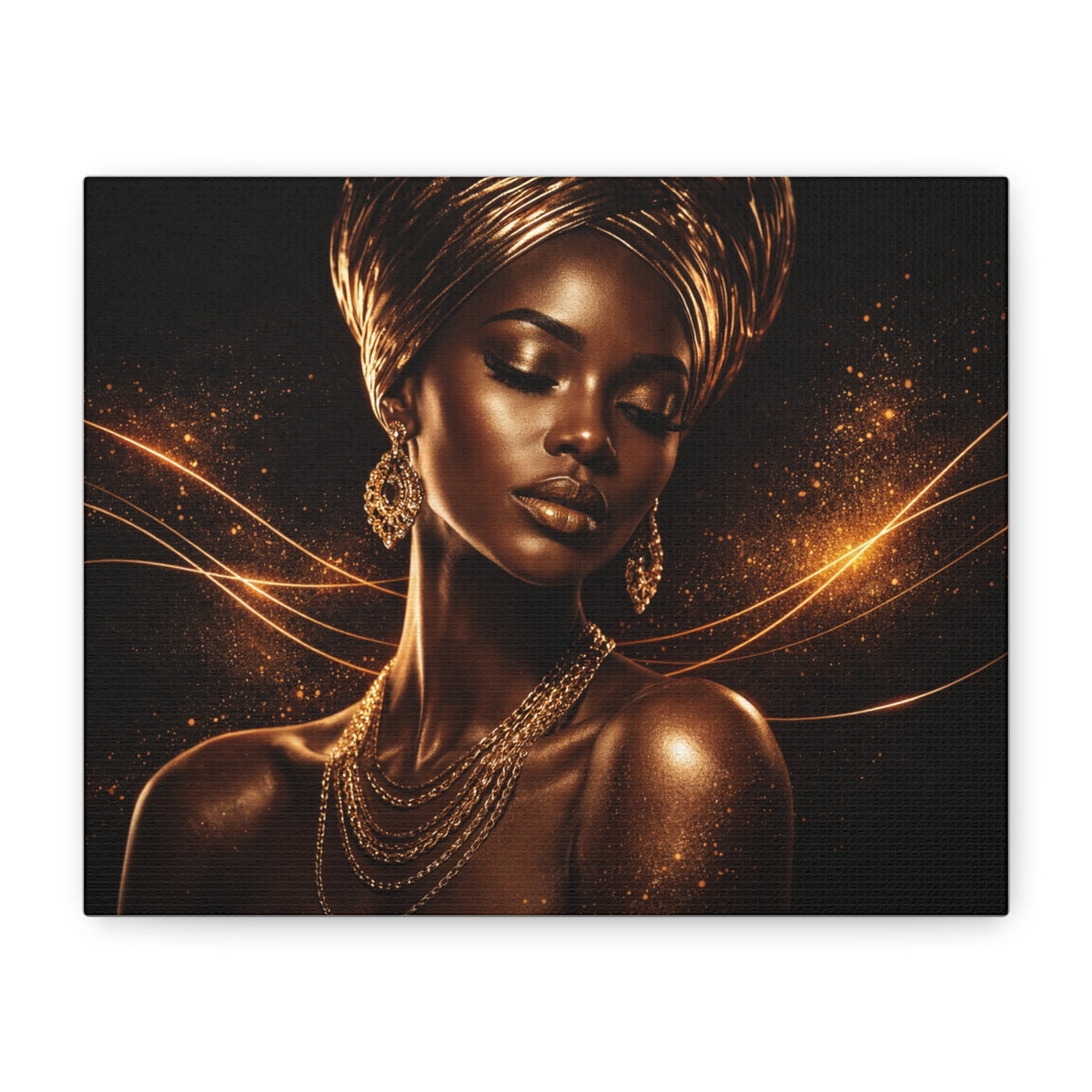 Gold Goddess Portrait Canvas — Elegant Black Woman Wall Art (Matte Stretched)