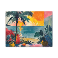 Tropical Sunset Canvas Wall Art — Colorful Beach Palm Print, Matte Stretched 1.25"