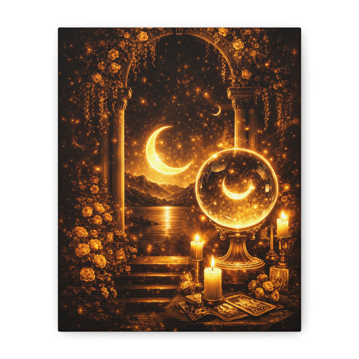 Mystic Moonlit Crystal Ball Canvas Art — Golden Tarot Altar Wall Decor