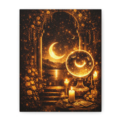 Mystic Moonlit Crystal Ball Canvas Art — Golden Tarot Altar Wall Decor
