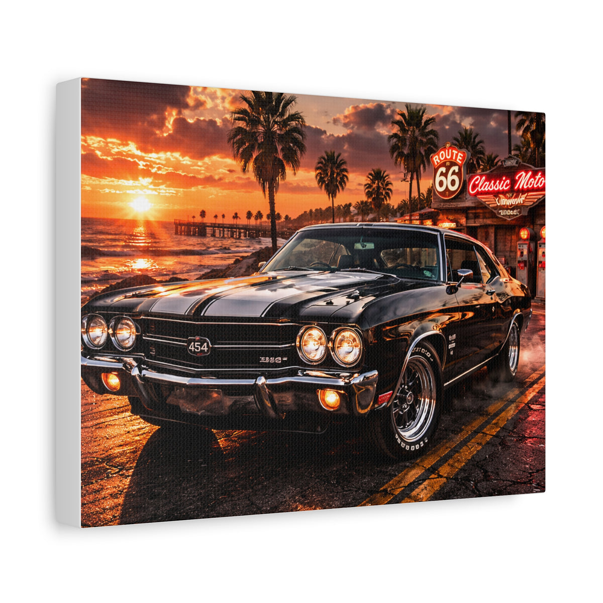 Classic Muscle Car Canvas Print — Route 66 Sunset Wall Art
