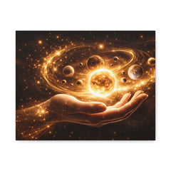 Cosmic Hand Canvas Art — Golden Solar System Wall Decor, Matte Stretched 1.25"