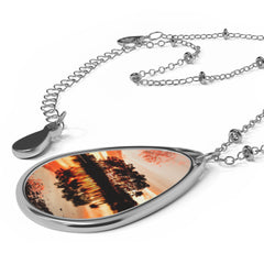 Sunset Lake Oval Pendant Necklace — Scenic Photo Teardrop Jewelry