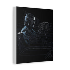 Keanu Reeves with Dog Matte Canvas Art — Moody Black Sketch Portrait, Stretched Wall Decor