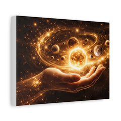 Cosmic Hand Canvas Art — Golden Solar System Wall Decor, Matte Stretched 1.25"