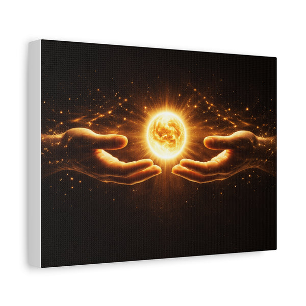Cosmic Hands Canvas Print — Golden Sun Orb Wall Art, Spiritual Energy Home Decor