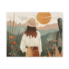 Boho Desert Sunset Canvas Wall Art — Woman in Hat Matte Stretched Canvas