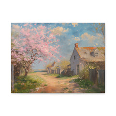 Spring Cottage Path Matte Canvas Wall Art — Cherry Blossom Landscape