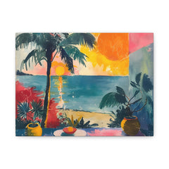 Tropical Sunset Canvas Wall Art — Colorful Beach Palm Print, Matte Stretched 1.25"
