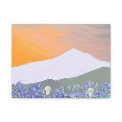 Sunset Mountain with Blue Wildflowers Matte Canvas Wall Art