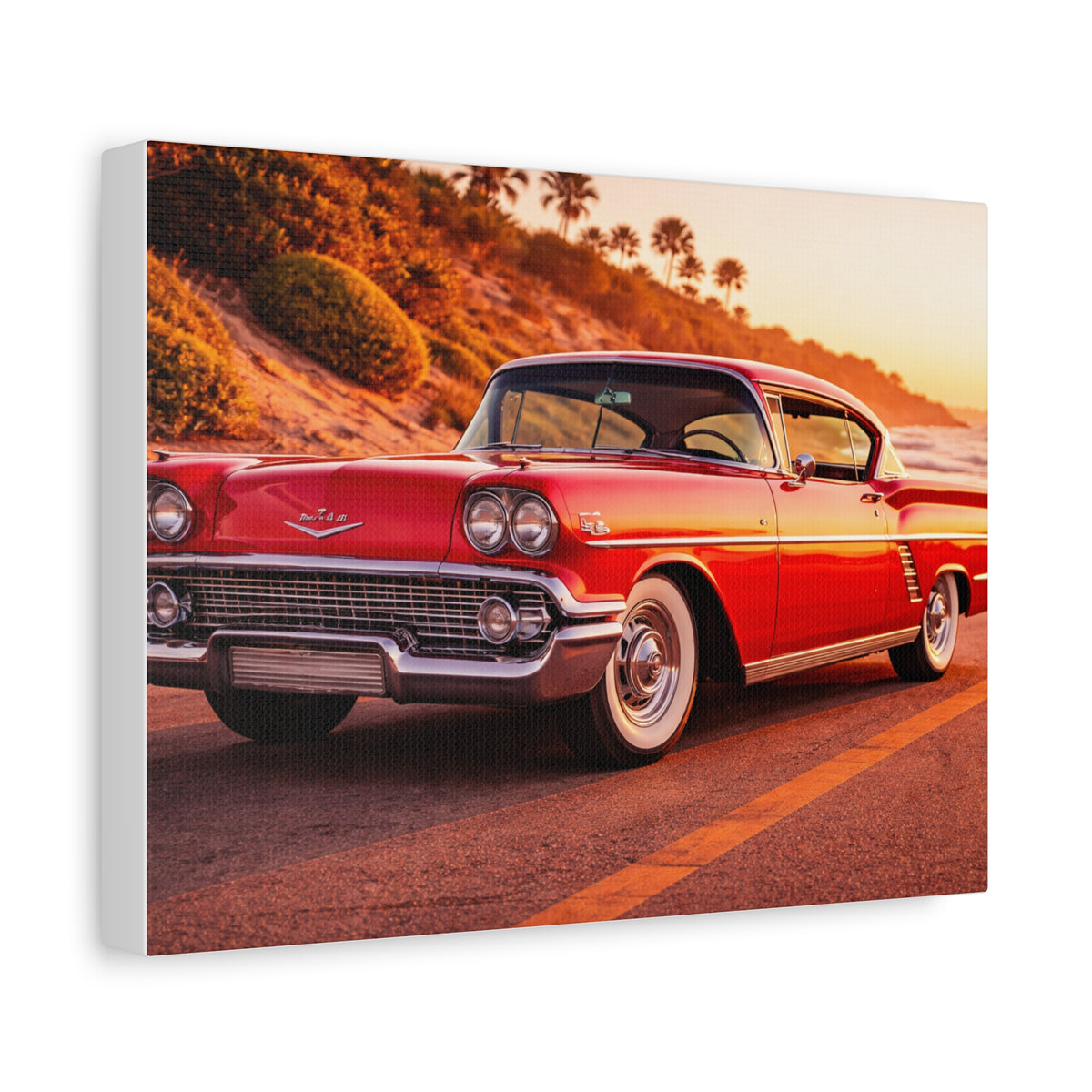 Vintage Red Classic Car Canvas Print — Retro Sunset Automotive Wall Art