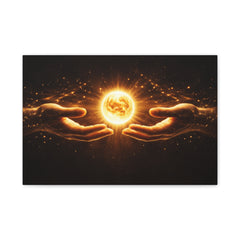 Cosmic Hands Canvas Print — Golden Sun Orb Wall Art, Spiritual Energy Home Decor