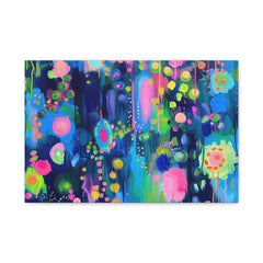 Abstract Neon Floral Canvas Art — Vibrant Blue & Pink Stretched Matte Print