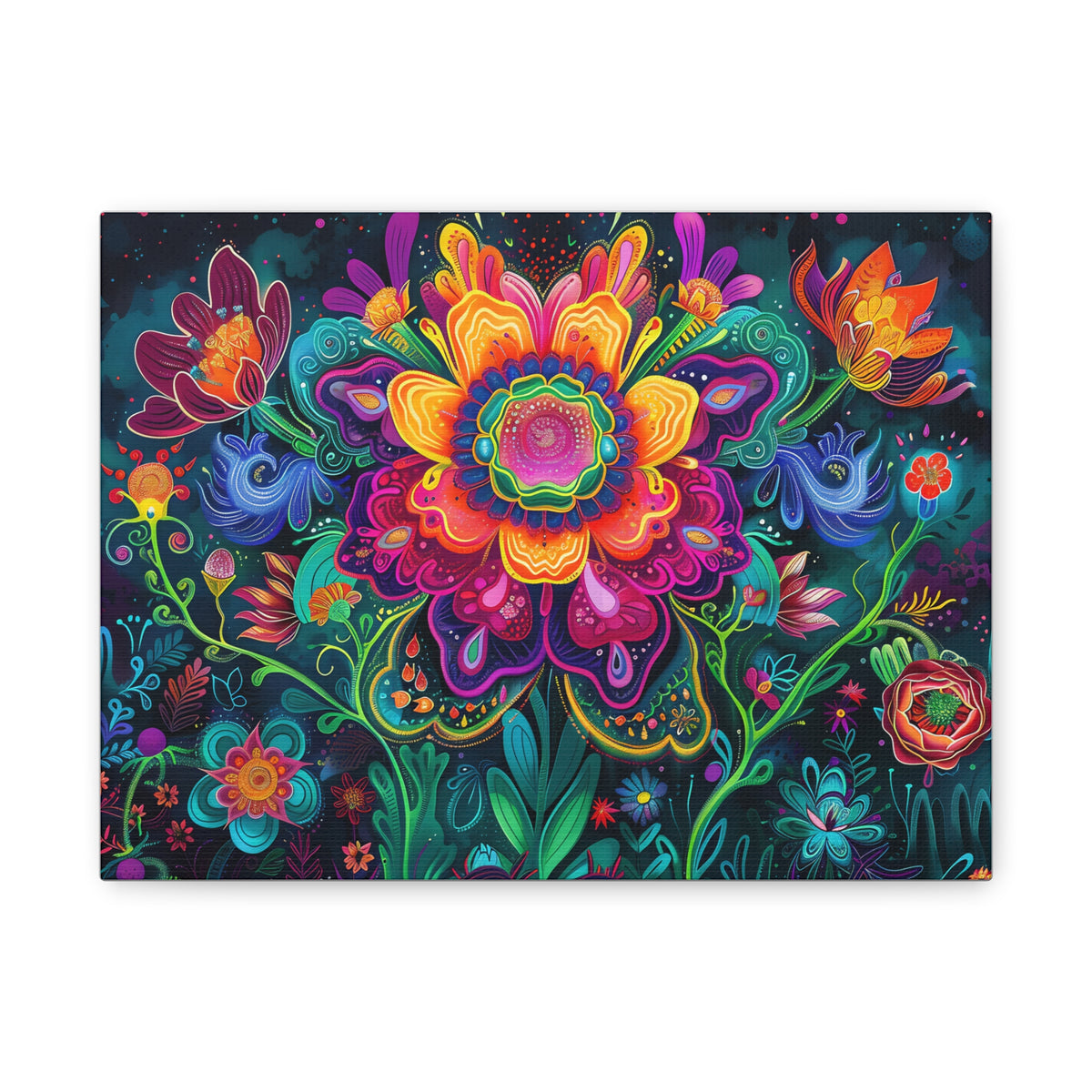 Vibrant Floral Canvas Wall Art — Colorful Boho Flower Painting on Stretched Matte Canvas