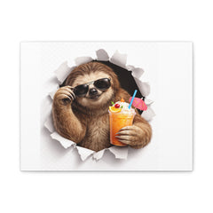 Sloth With Tropical Drink Matte Canvas Wall Art