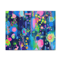 Abstract Neon Floral Canvas Art — Vibrant Blue & Pink Stretched Matte Print