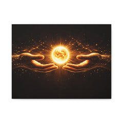 Cosmic Hands Canvas Print — Golden Sun Orb Wall Art, Spiritual Energy Home Decor