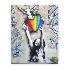 Rainbow Dove Canvas Wall Art — Street Art Girl Reaching for Color, Matte Stretched Print
